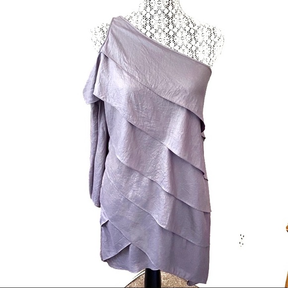 BCBG Gray 1 Shoulder Tie Sleeve Ruffle Layer Dress - Picture 2 of 10